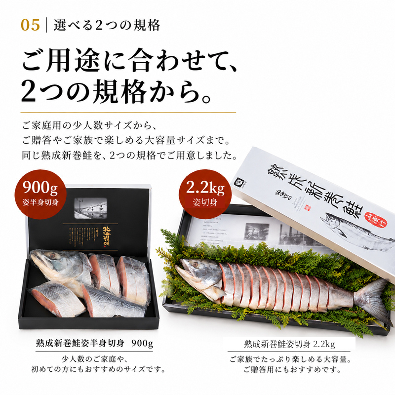 熟成新巻鮭 姿半身切身900gと姿切身2.2kgの規格紹介