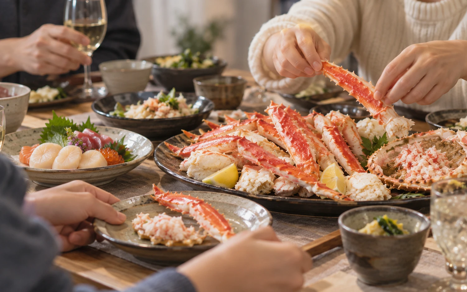 北海道の蟹と海鮮を囲む食卓